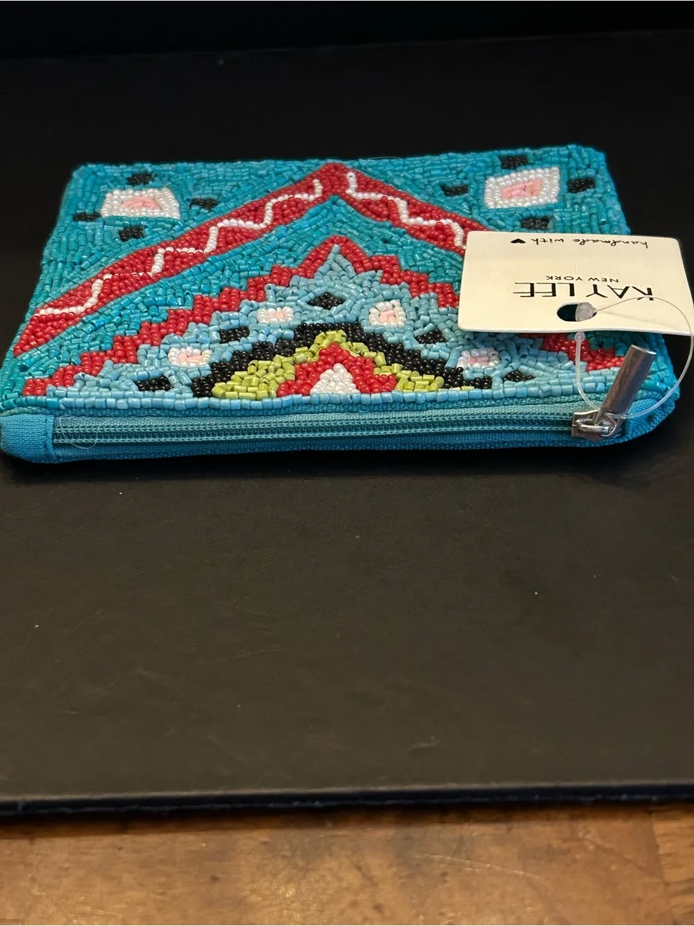 Handmade in India Turquoise & Red Beaded Top Zipper Close Cosmetic Coin Pouch